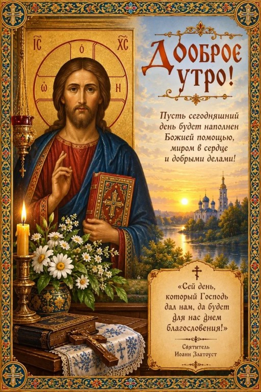 Православная открытка «Доброе утро» с иконой Христа и храмом на рассвете